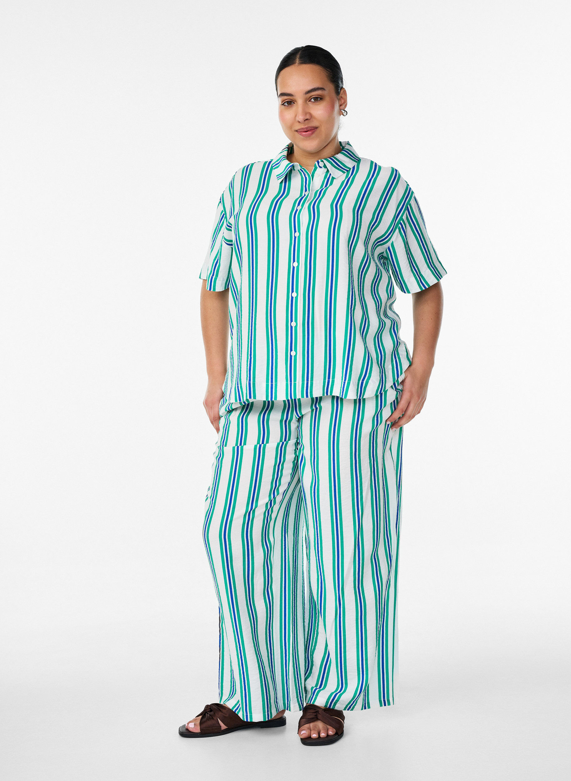 ZizzifashionStriped trousers with a high waist and wide legs, Vanilla, Model image number 1