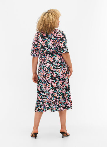 Printed wrap dress with short sleeves , Multi Flower AOP, Model image number 1