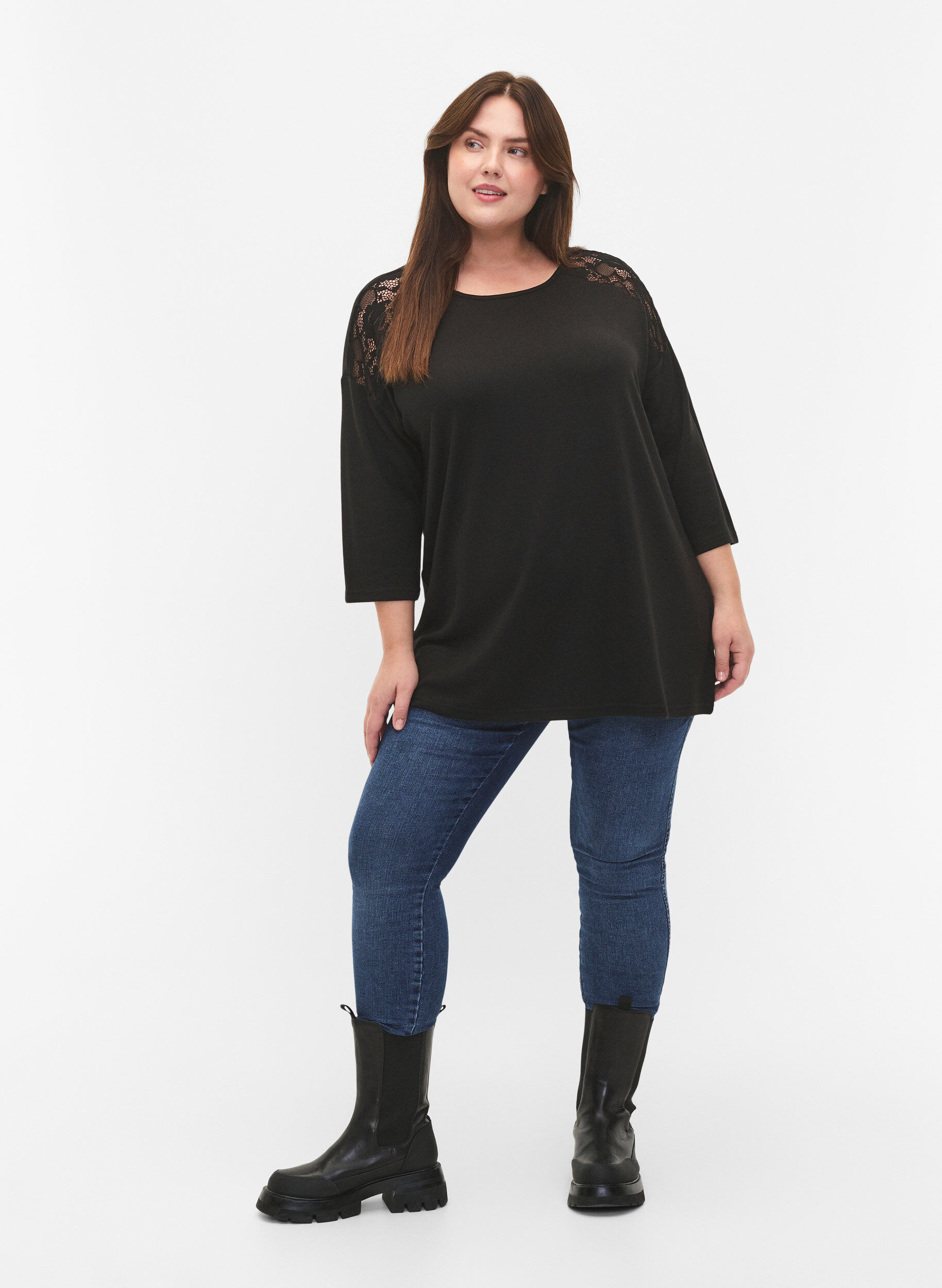 Zizzifashion Blouse with 3/4 sleeves and lace detail, Black, Model image number 2