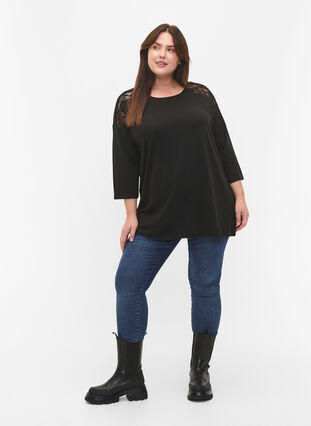 Blouse with 3/4 sleeves and lace detail, Black, Model image number 2