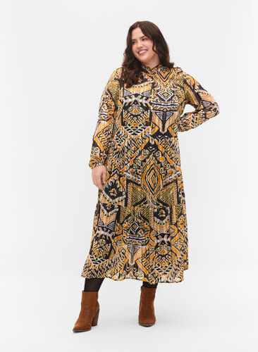 Printed midi dress with buttons, Yellow Aztec AOP, Model image number 0