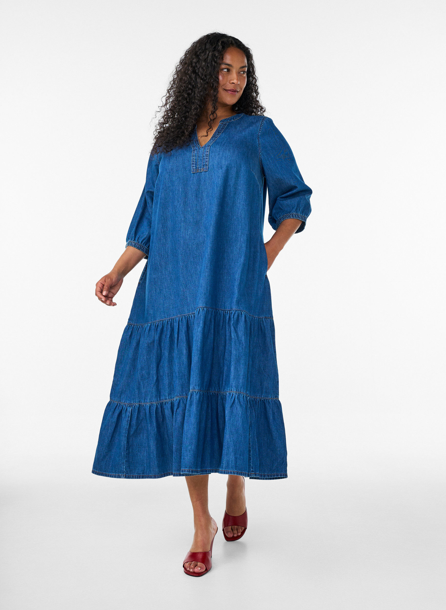 ZizzifashionDenim maxi dress with frilled tiers, Blue, Model image number 0