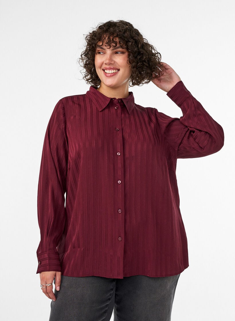 Shirt with textured stripes and glitter threads, Red, Model image number 0