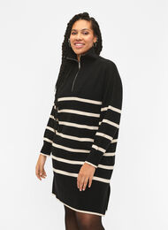 Striped knit dress with high collar and zipper, Black w. Birch, Model