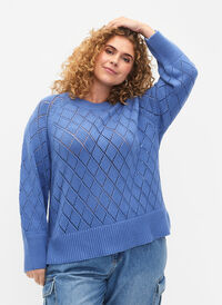 Long sleeve knitted blouse with hole pattern, Blue Bonnet, Model