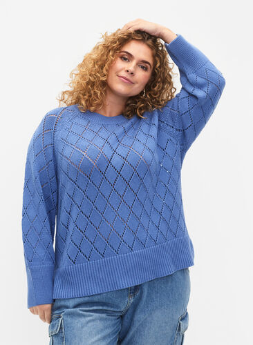 Long sleeve knitted blouse with hole pattern, Blue Bonnet, Model image number 0