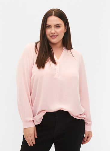 Long-sleeved blouse with v-neck, Strawberry Cream, Model image number 0