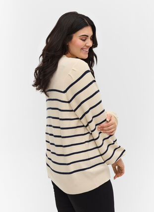 Striped knitted blouse with balloon sleeves, Birch W/Navy stripes, Model image number 1