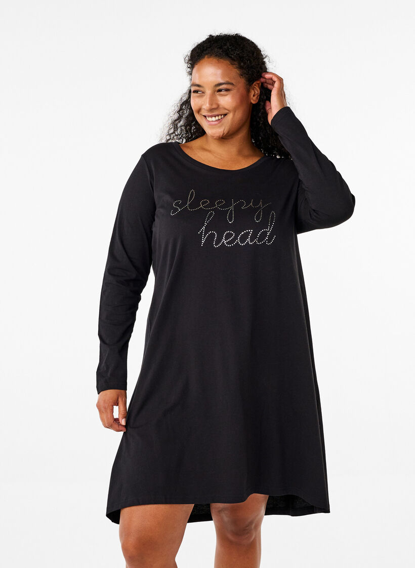 Long-sleeved nightgown in organic cotton, Black, Model image number 0