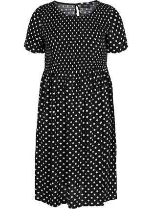 Printed viscose dress with smock, Black Dot, Packshot image number 0