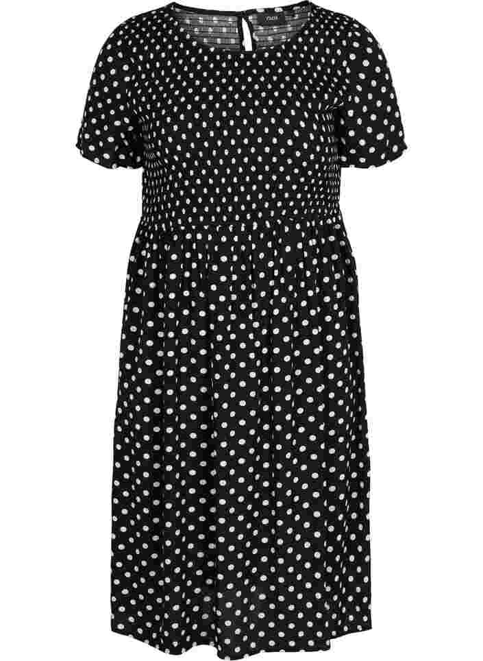 Printed viscose dress with smock, Black Dot, Packshot