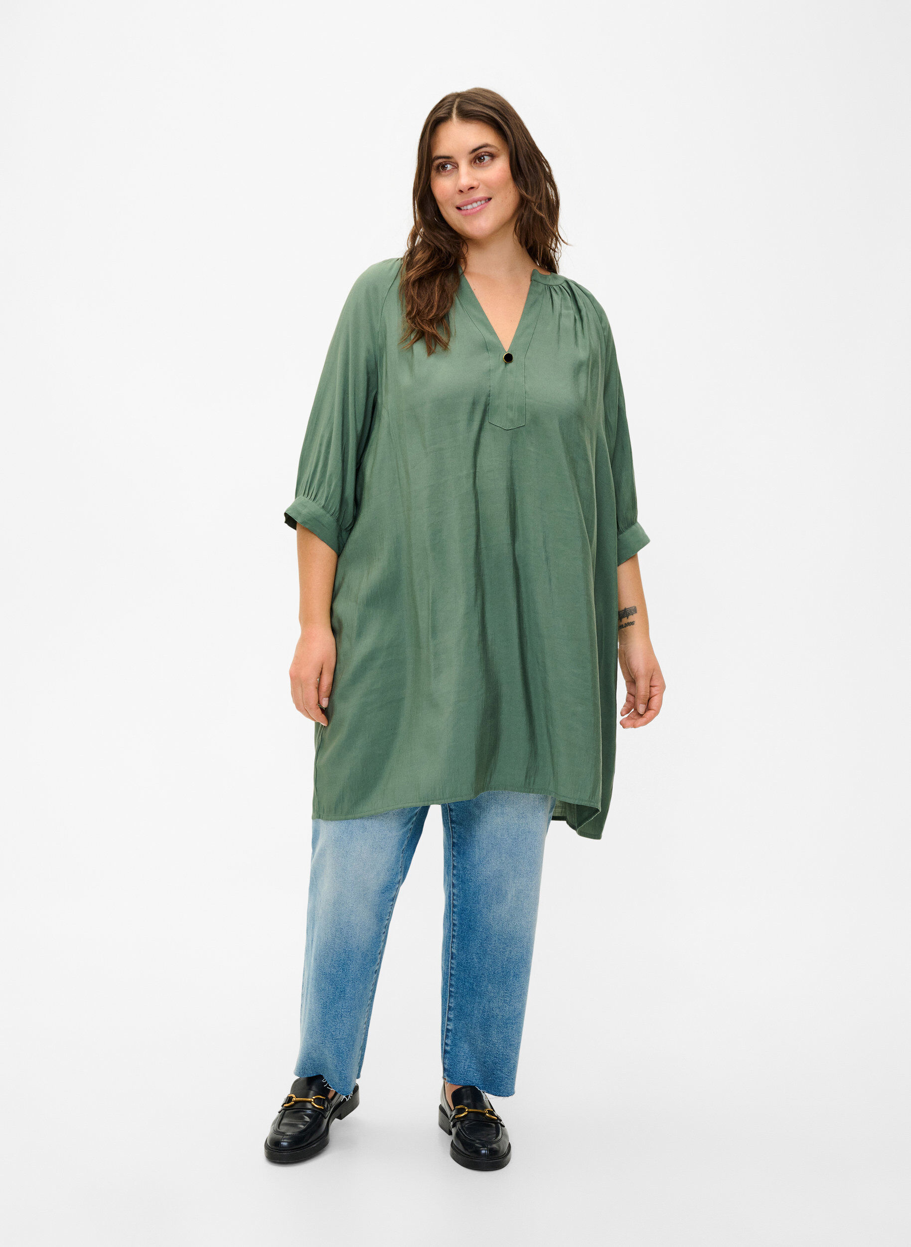 Zizzifashion Viscose tunic with 3/4 sleeves, Duck Green, Model image number 2