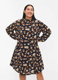 FLASH - Long sleeve dress with floral print, Navy Brown Flower, Model