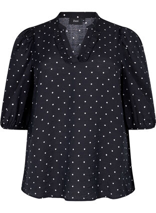 	 Dotted blouse with 3/4 sleeves in viscose material, Black Dot, Packshot image number 0