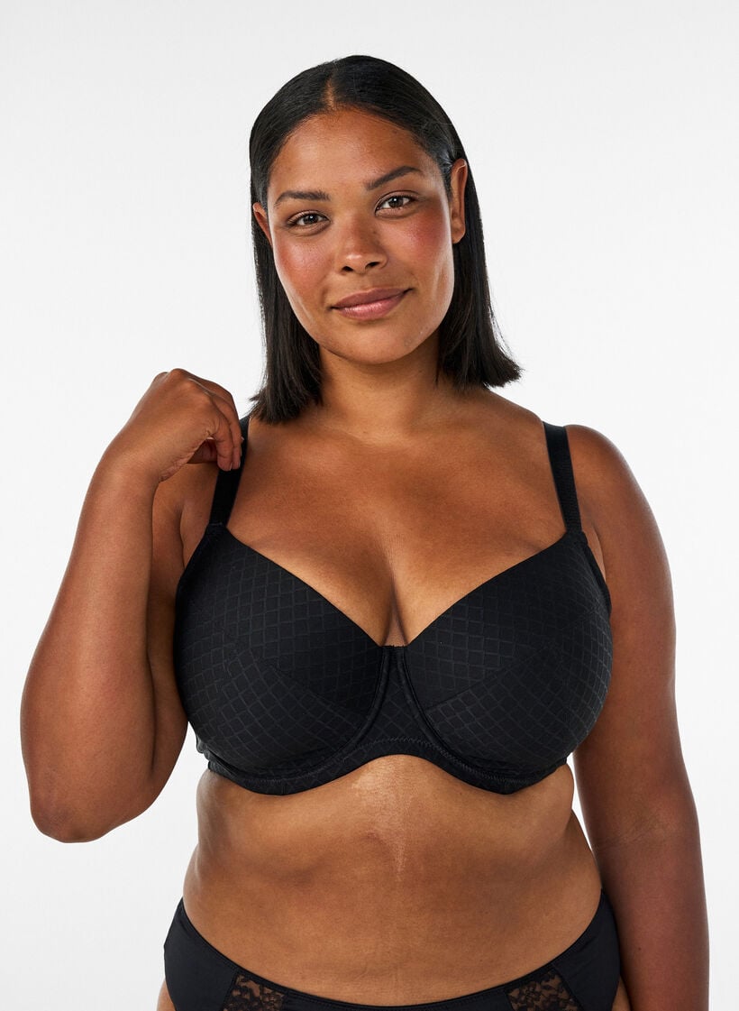 Padded microfibre bra with checked pattern, Black, Model image number 0