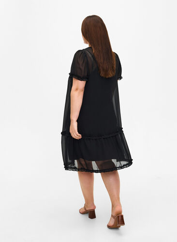 Chiffon dress with A-cut and ruffle details, Black, Model image number 1