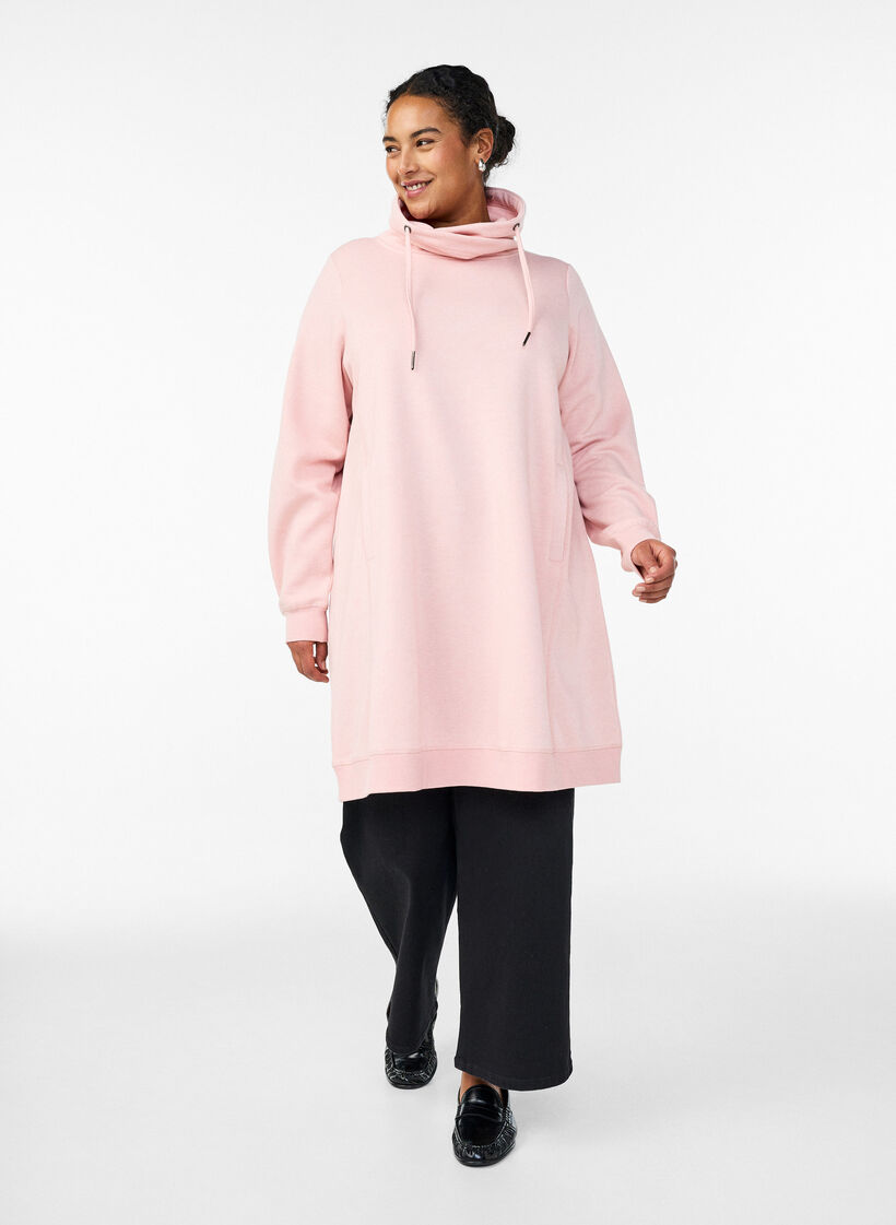 Short sweatshirt dress with high collar and pockets, Red, Model image number 1