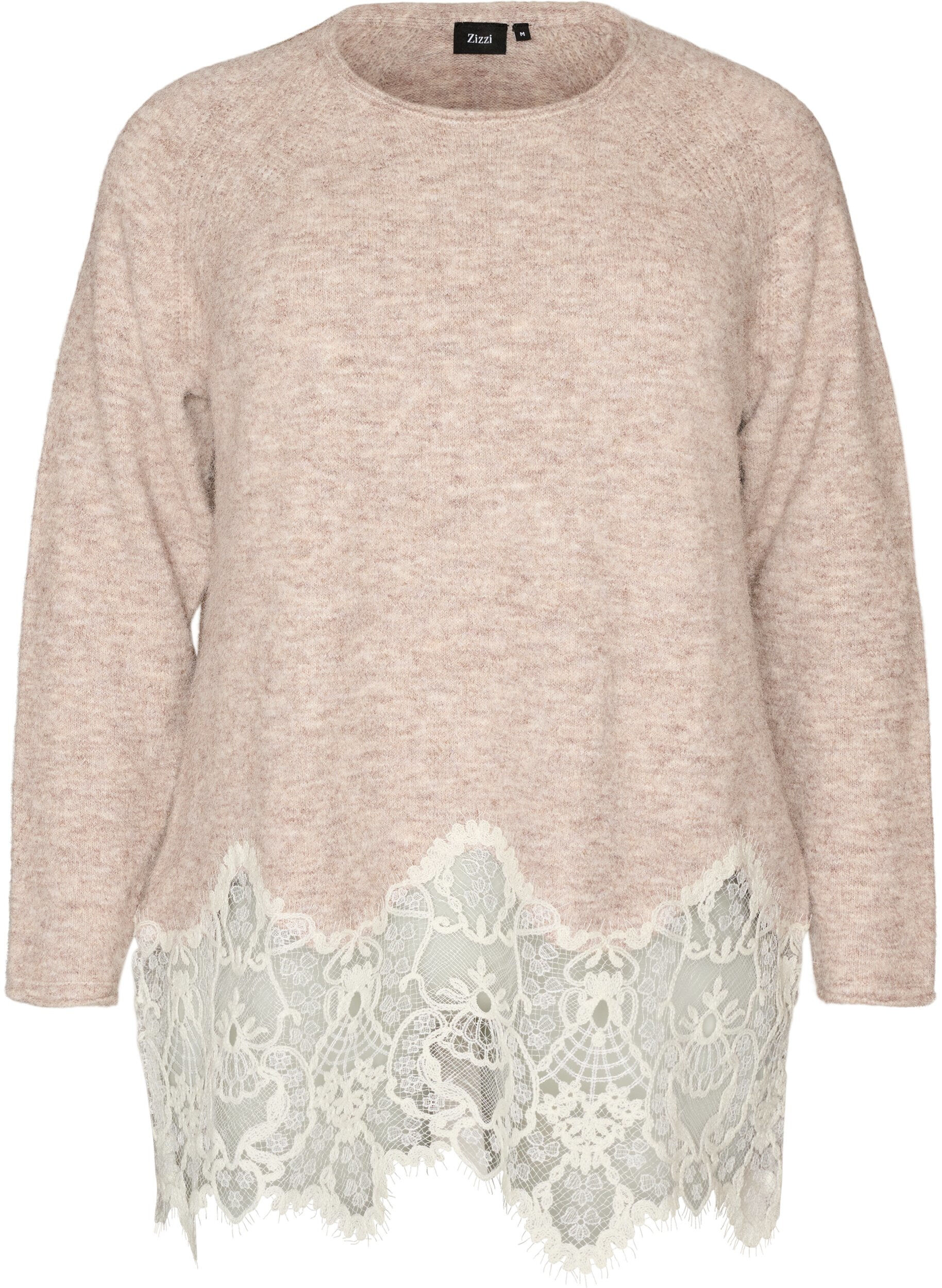 ZizzifashionKnitted blouse with raglan sleeves and a wide lace trim, Beige, Packshot image number 0