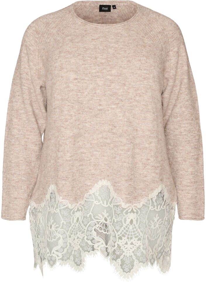 Knitted blouse with raglan sleeves and a wide lace trim, Beige, Packshot image number 0