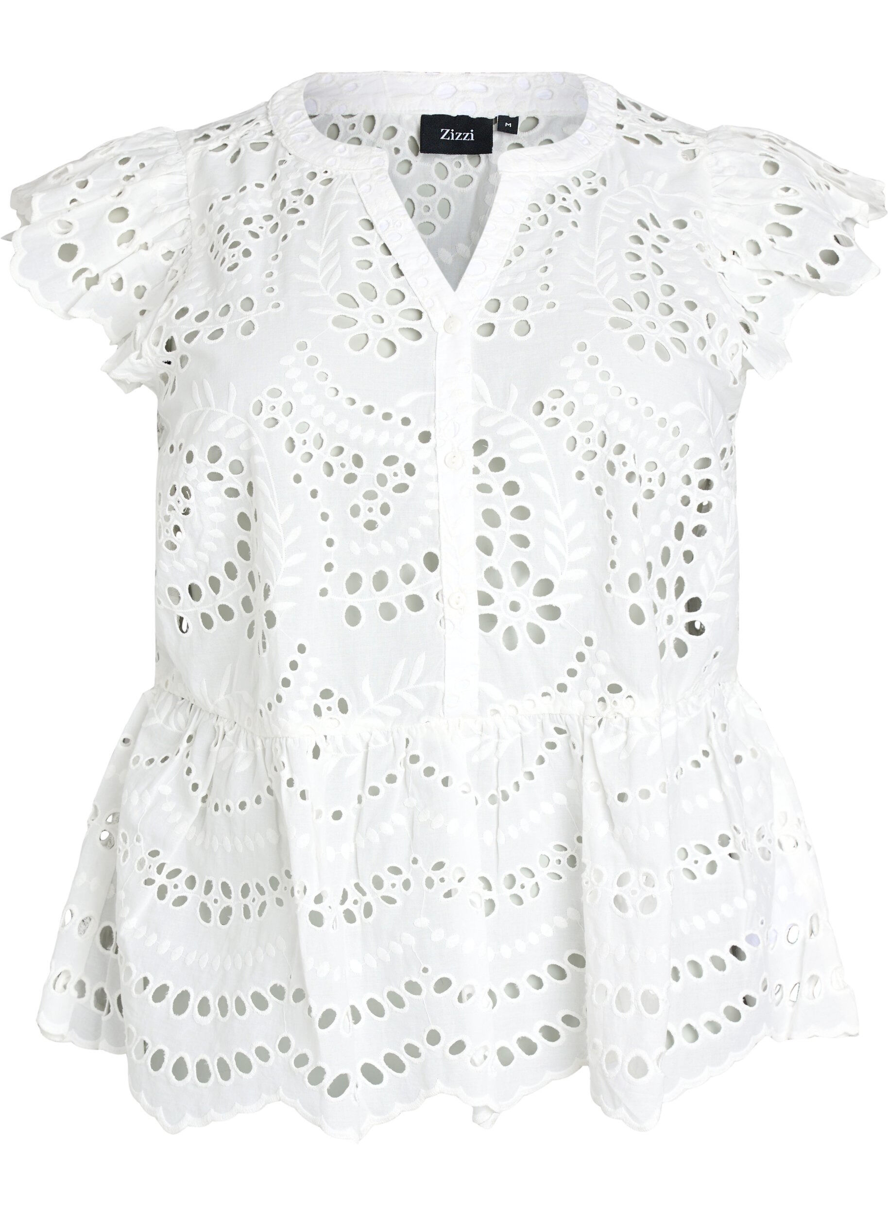 Zizzifashion Sleeveless broderie anglaise blouse with ruffles, White, Packshot image number 0