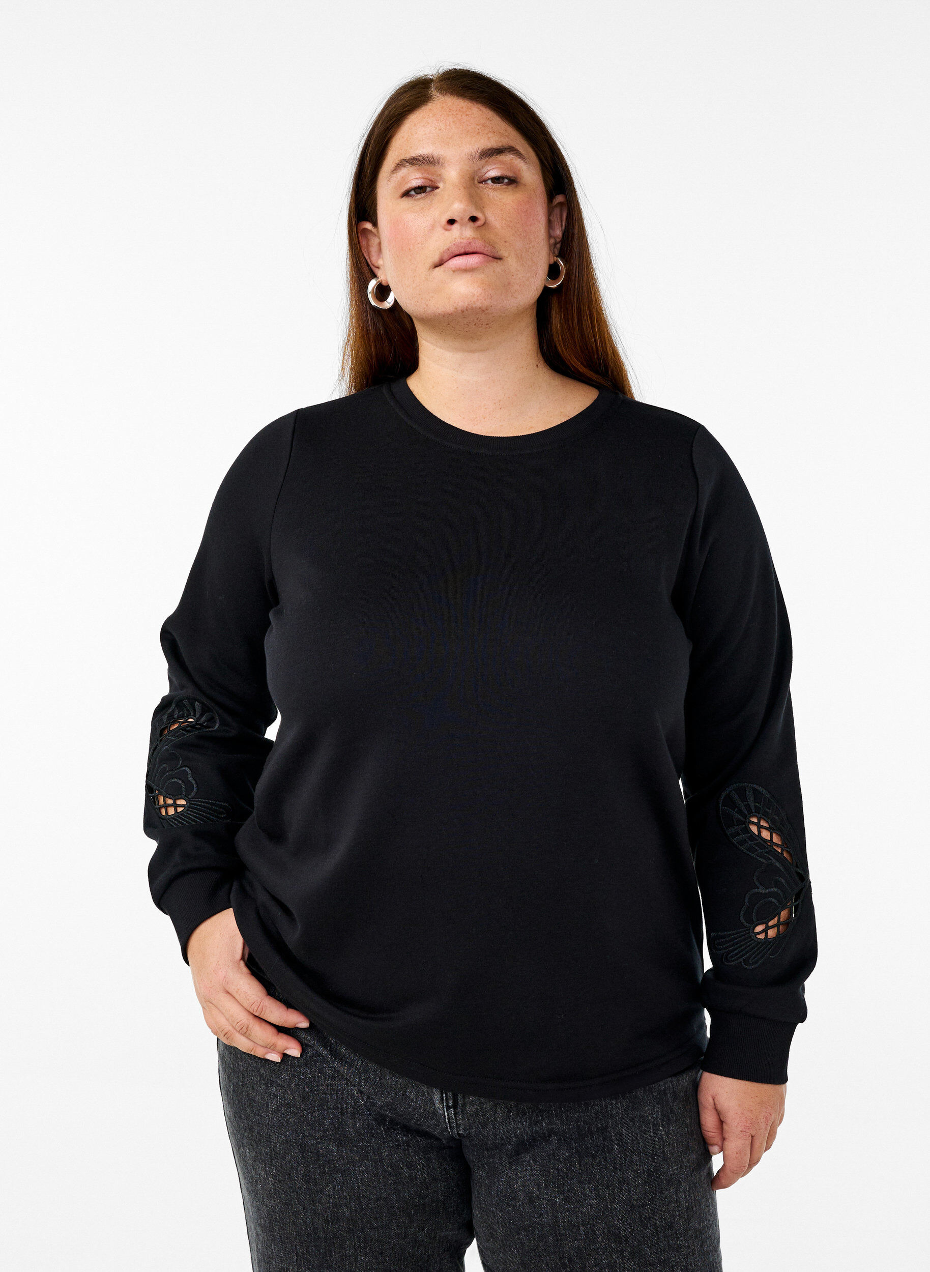 Zizzifashion Sweatshirt with embroidered cut-outs, Black, Model image number 0