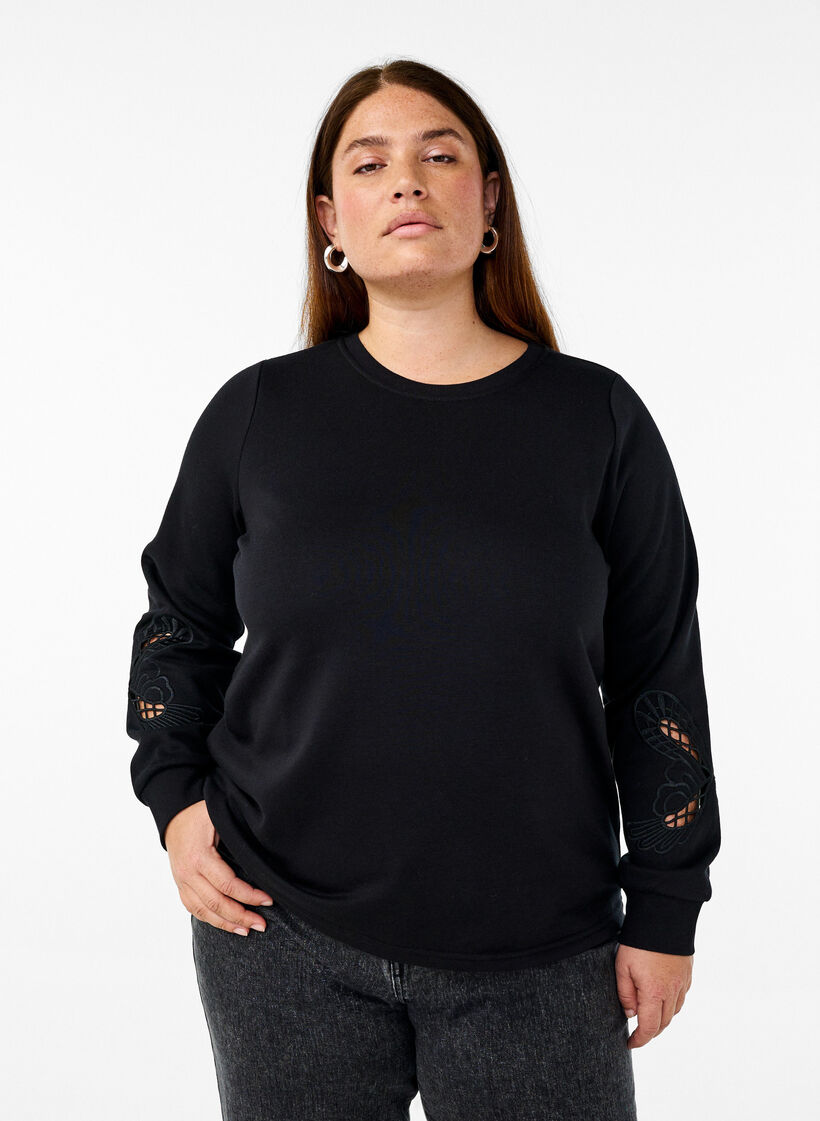 Sweatshirt with embroidered cut-outs, Black, Model image number 0