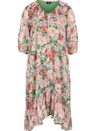 Floral printed midi dress with 3/4 sleeves and frills, Flower AOP, Packshot image number 0