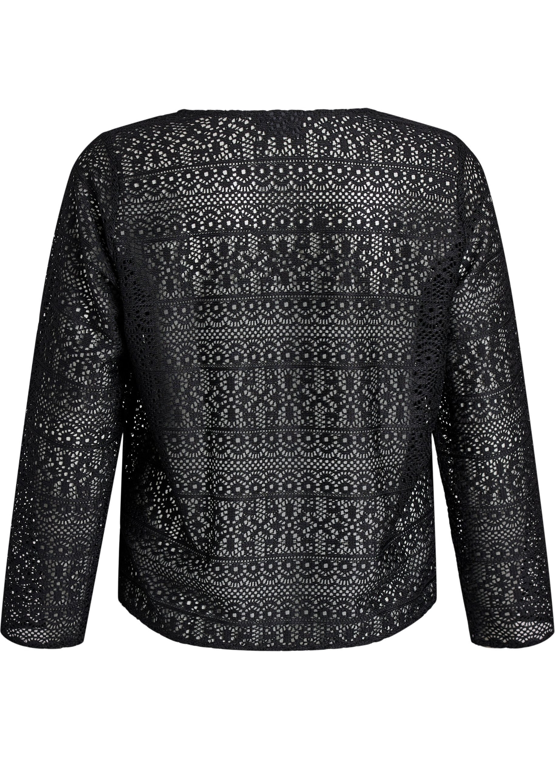 Zizzifashion Cardigan with openwork pattern and tie strings, Black, Packshot image number 1