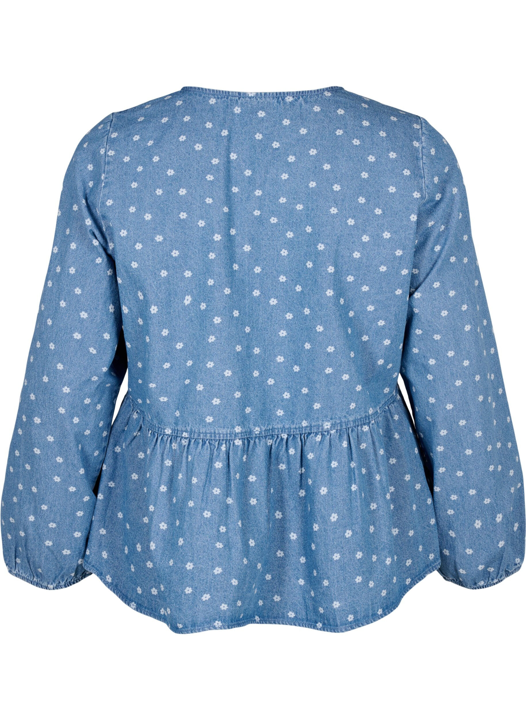 Zizzifashion Denim peplum blouse with tie fastening, Light Blue w.Flowers, Packshot image number 1