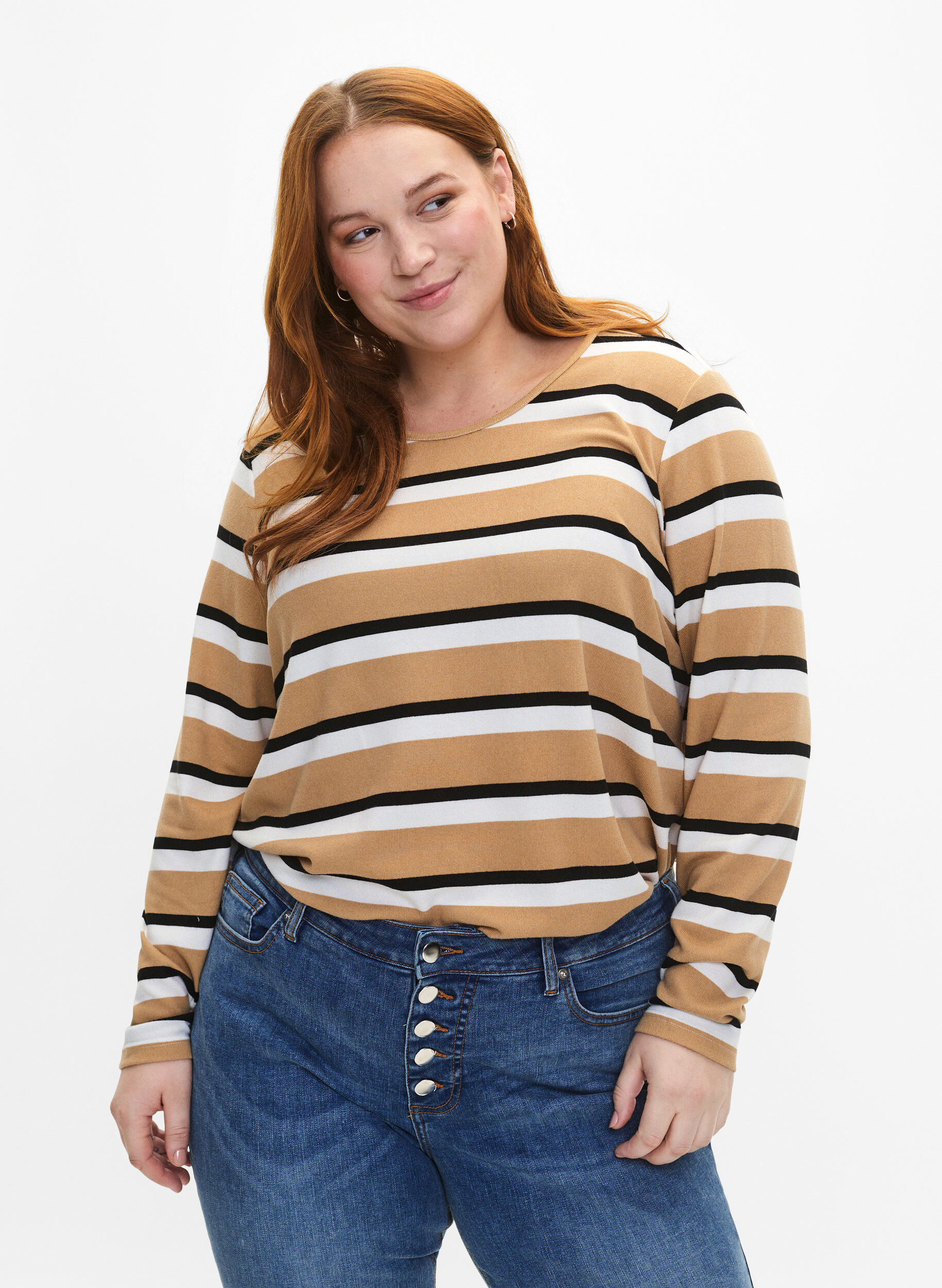 ZizzifashionStriped blouse with long sleeves, Black, Model image number 0