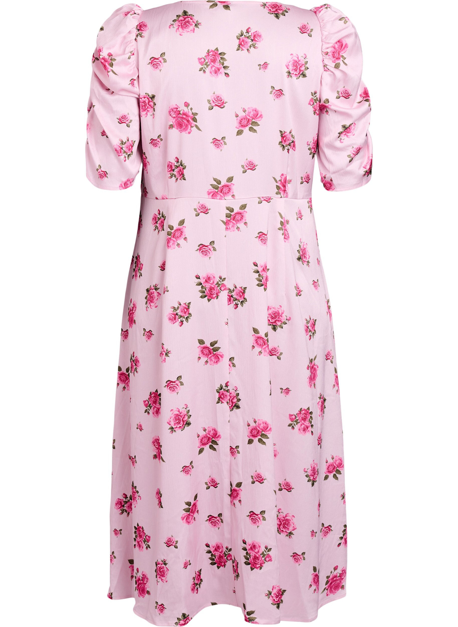 ZizzifashionFloral midi dress with puff sleeves, Pink, Packshot image number 1