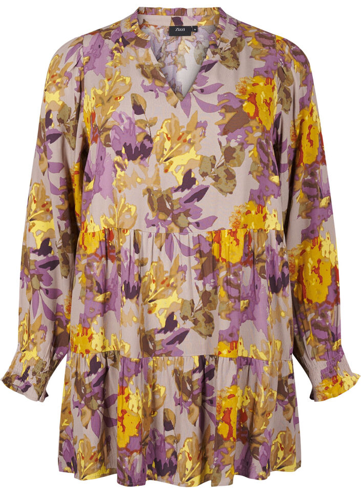 Long-sleeved tunic with floral print, Purple Flower, Packshot image number 0