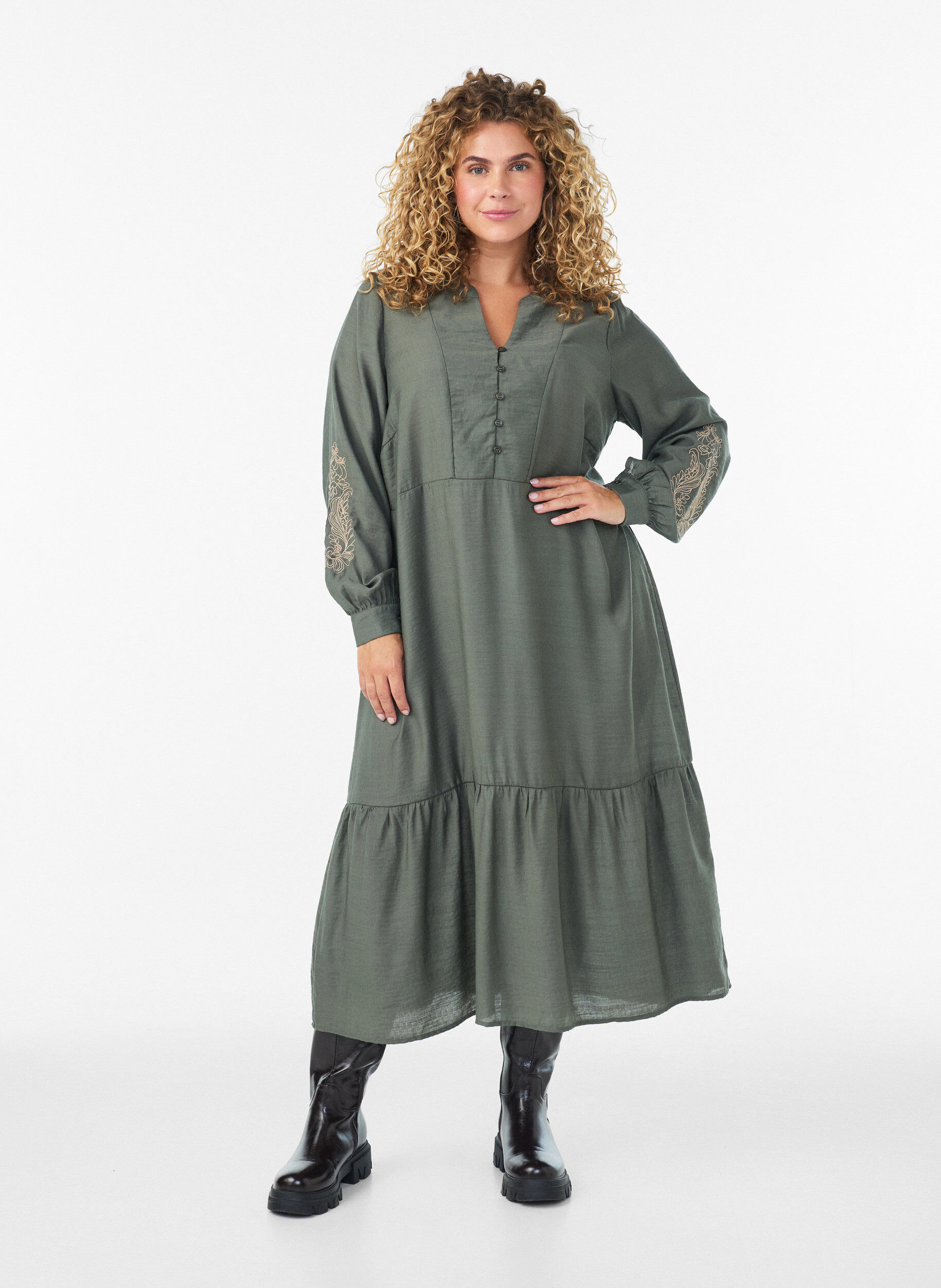 ZizzifashionViscose dress with embroidery and tiered ruffles, Green, Model image number 0