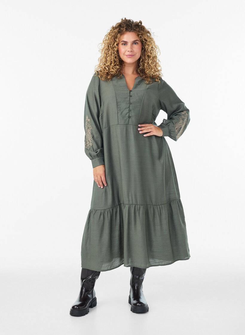 Viscose dress with embroidery and tiered ruffles, Green, Model image number 0