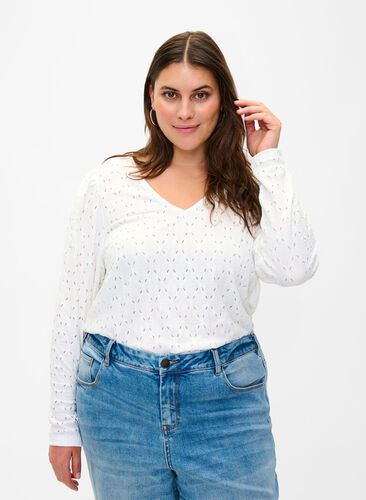 V-neck blouse with hole pattern, Off White, Model image number 0