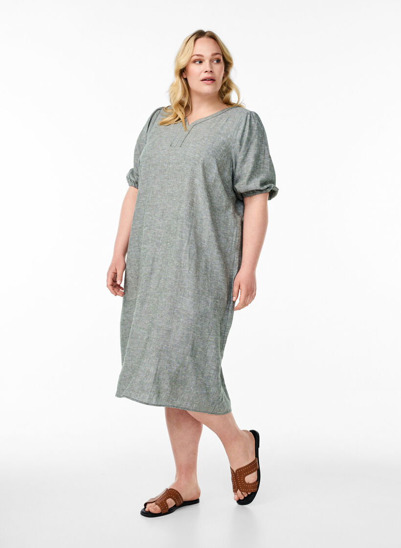 Midi dress in linen and viscose with short sleeves, Green, Model image number 0