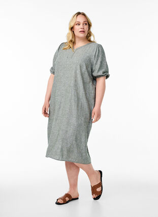 Midi dress in linen and viscose with short sleeves - Green - Sz. XL - Zizzifashion Midi dress in linen and viscose with short sleeves - Green - Sz. XL - Zizzifashion