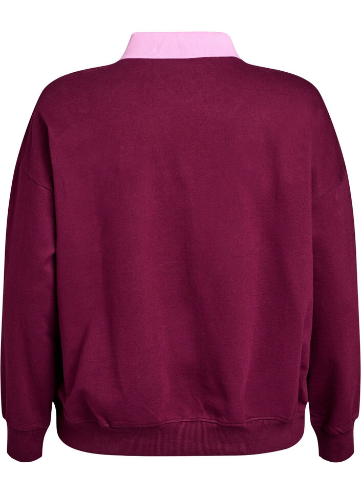 Organic cotton sweatshirt with collar and contrast print, Dark Bordeaux, Packshot image number 1