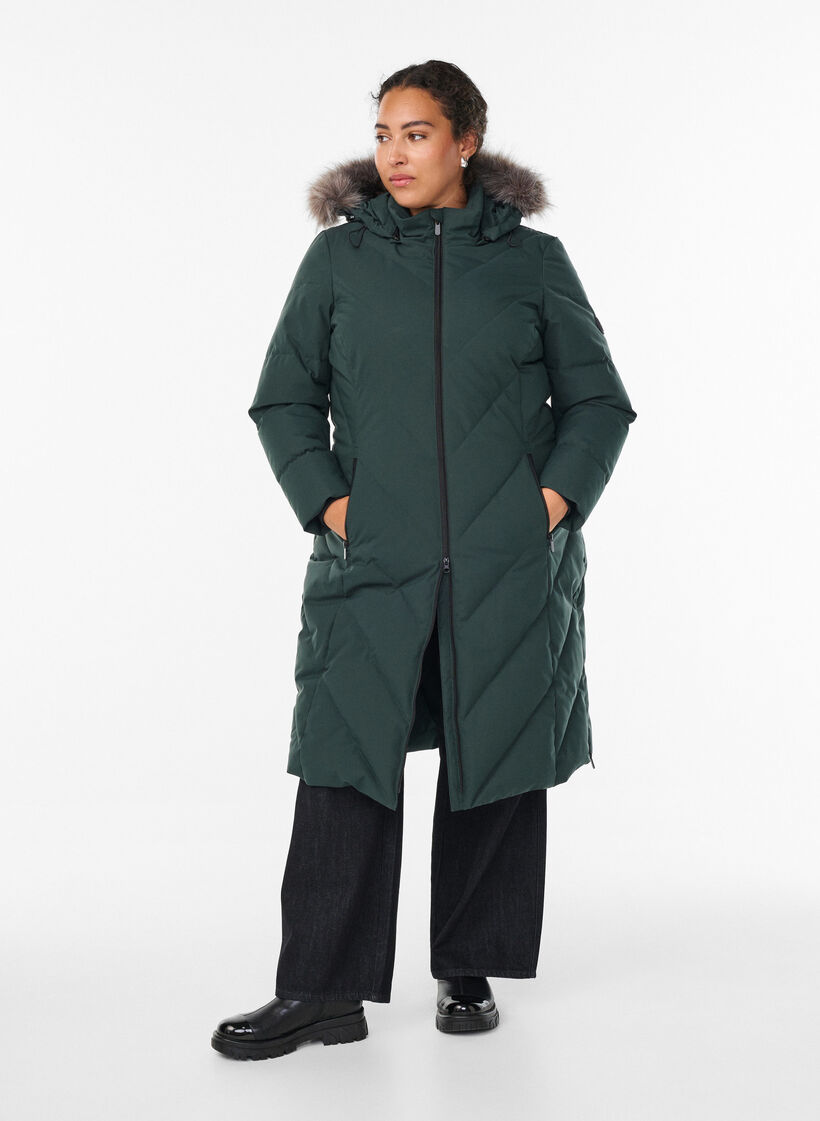 Long winter coat with hook fastenings and a faux fur collar, Green, Model image number 1