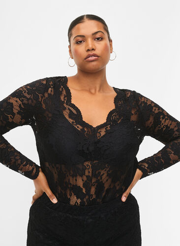 Long sleeve lace blouse with V-neck, Black, Model image number 2