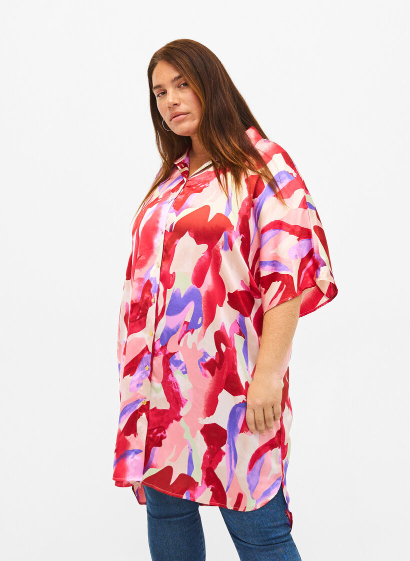 Long satin shirt with print, Geranium Graphic AOP, Model image number 0