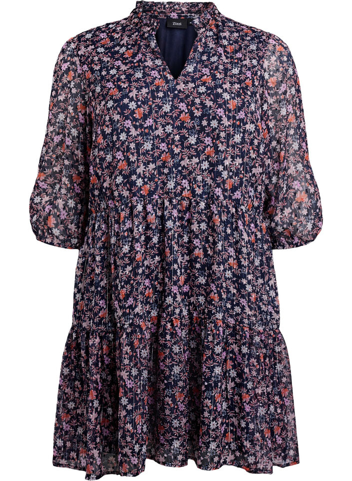 Tunic with floral print and glitter threads, Blue, Packshot image number 0