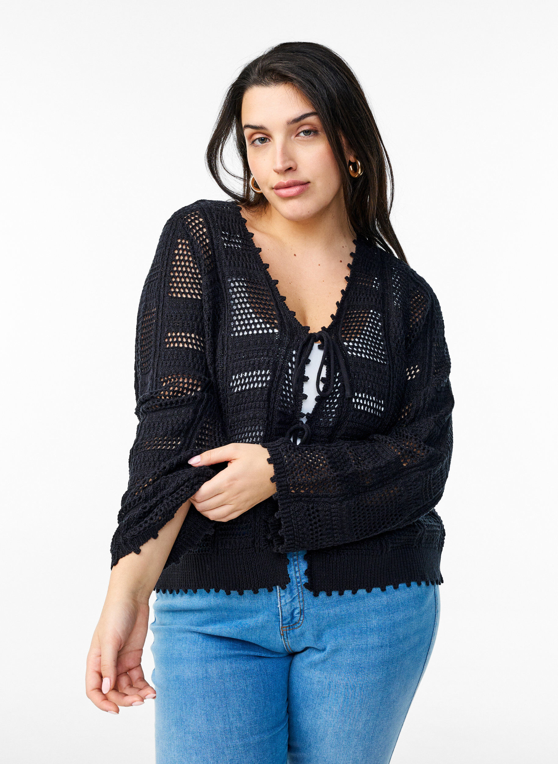 Zizzifashion Knitted cardigan with ties and an openwork pattern, Black, Model image number 0