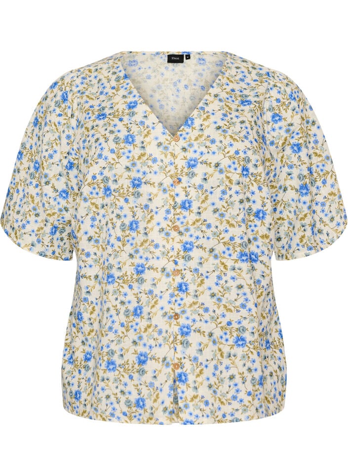 Short-sleeved cotton shirt with a V-neck, Blue, Packshot
