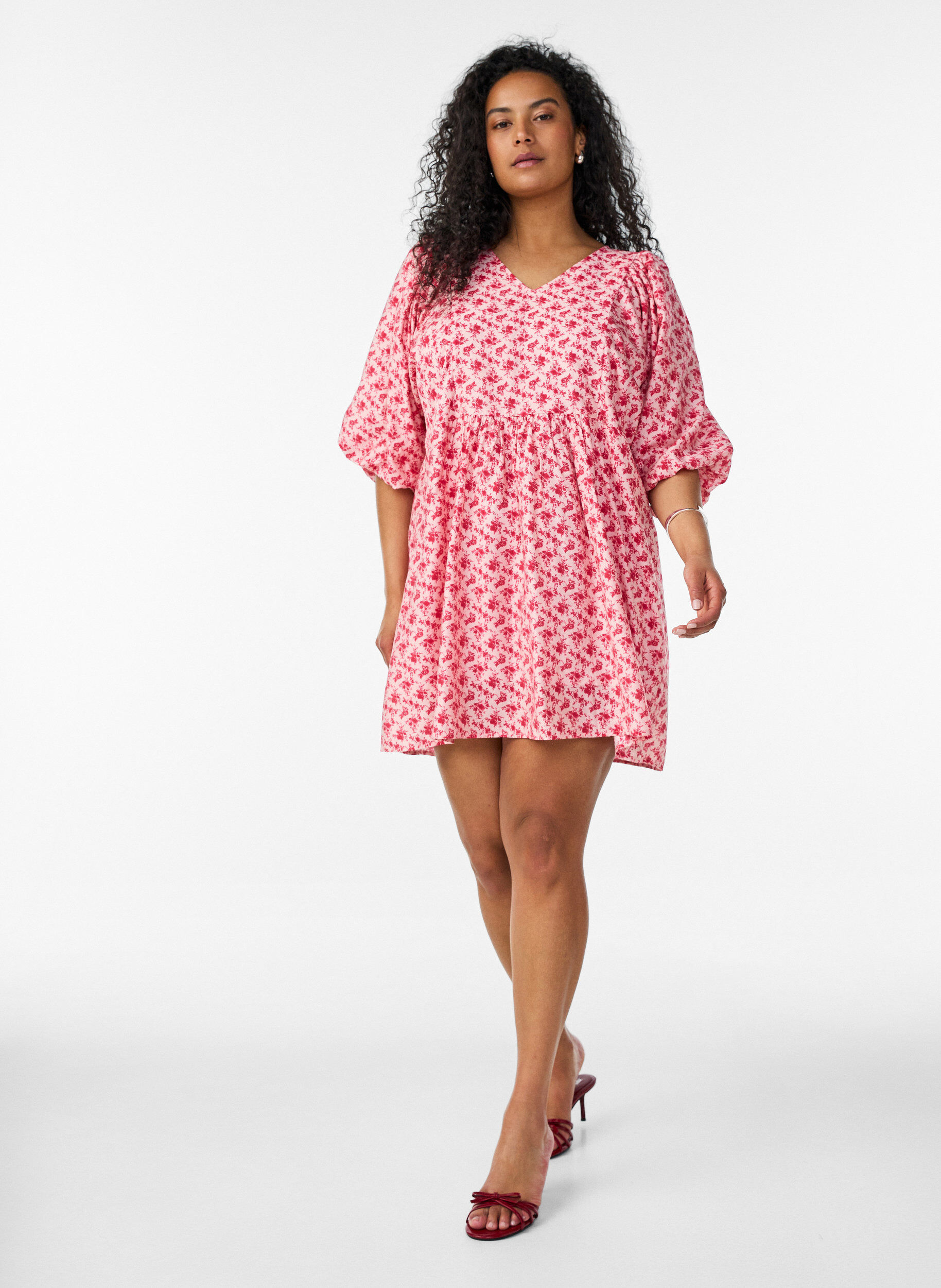 ZizzifashionShort viscose dress with an empire line and balloon sleeves, Red, Model image number 1