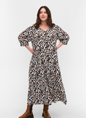 Printed dress with v-neck and 3/4 sleeves, White Leo Print, Model image number 0