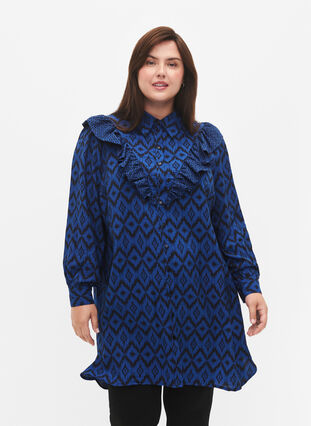 Long viscose shirt with print and frills, True blue w. Black, Model image number 0