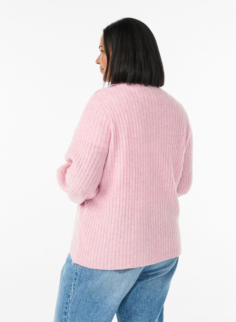 Ribbed jumper with puff sleeves and buttons, Red, Model image number 2
