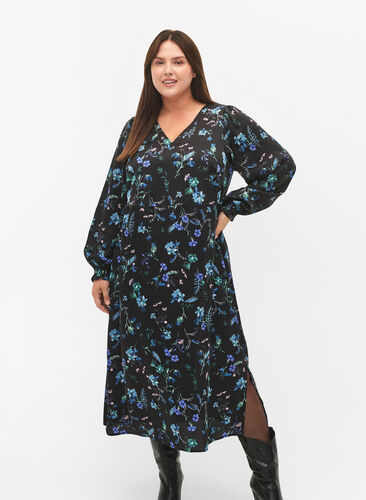 Long-sleeved midi dress with floral print, Blue Flower AOP, Model image number 2
