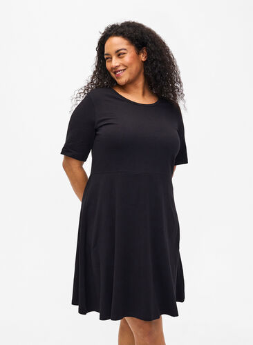 Solid-color cotton dress with short sleeves, Black Solid, Model image number 0